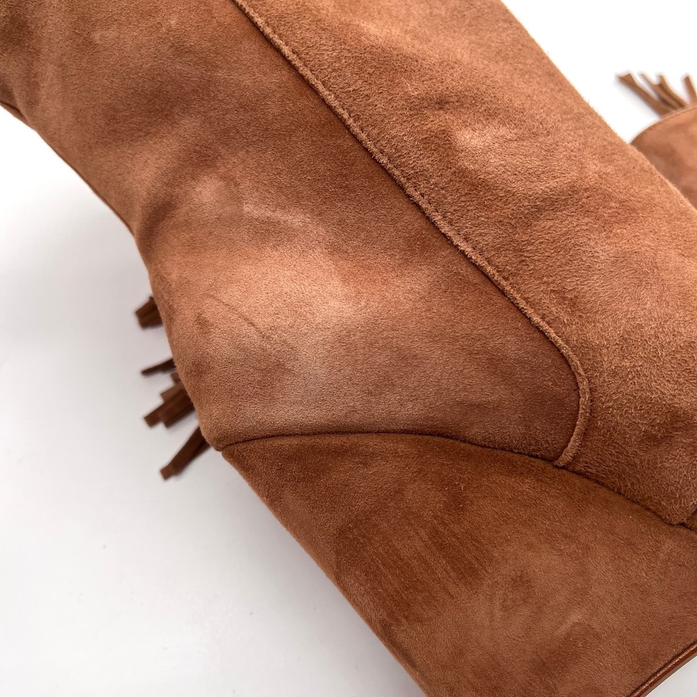 MARABELLE Suede Fringe Wedge Boot Womens 38 Brown Knee High Pointy Toe Pull On - Picture 9 of 16